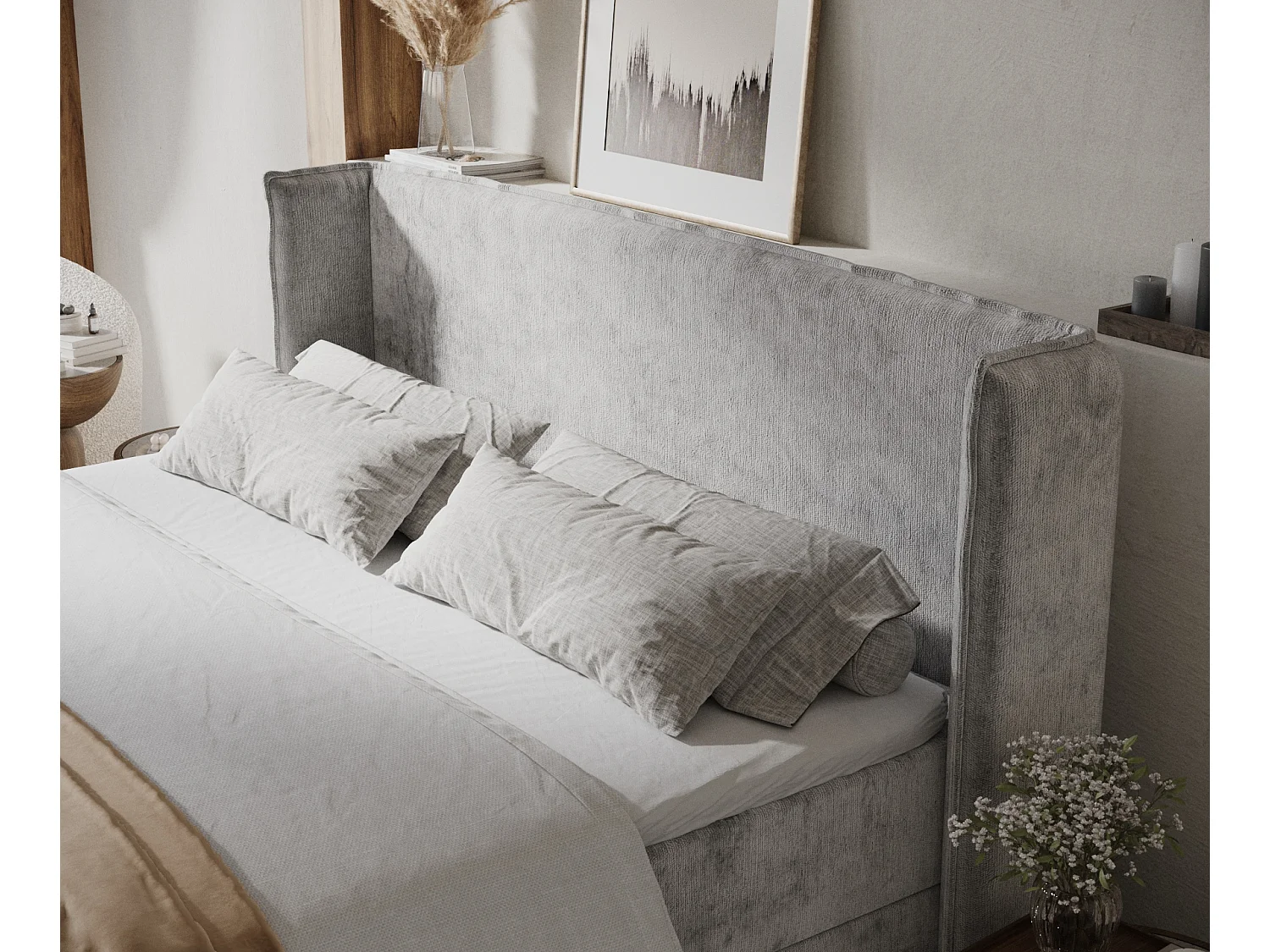 Boxspringbett aus Chenille-Stoff Skyline - Matratze - Toppermatratze - 140x200 cm - hellgrau