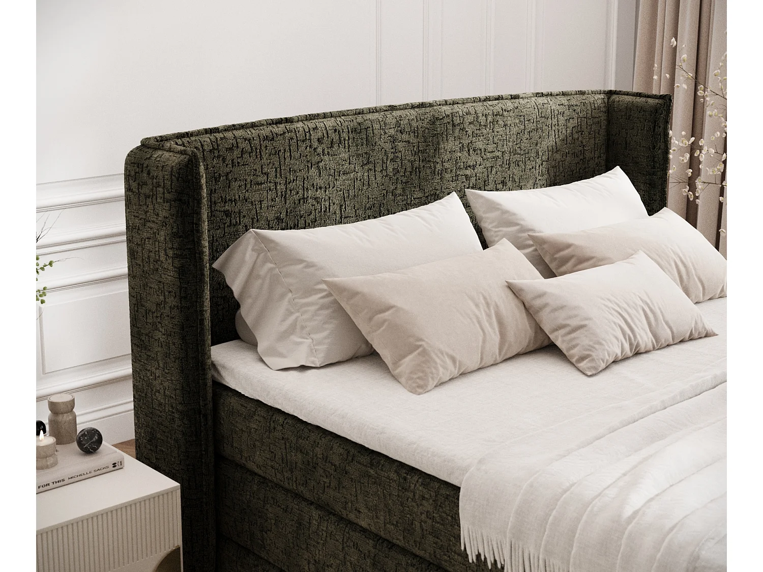 Lit boxspring en tissu chenille Freeland - matelas - surmatelas - 160x200 cm - vert olive