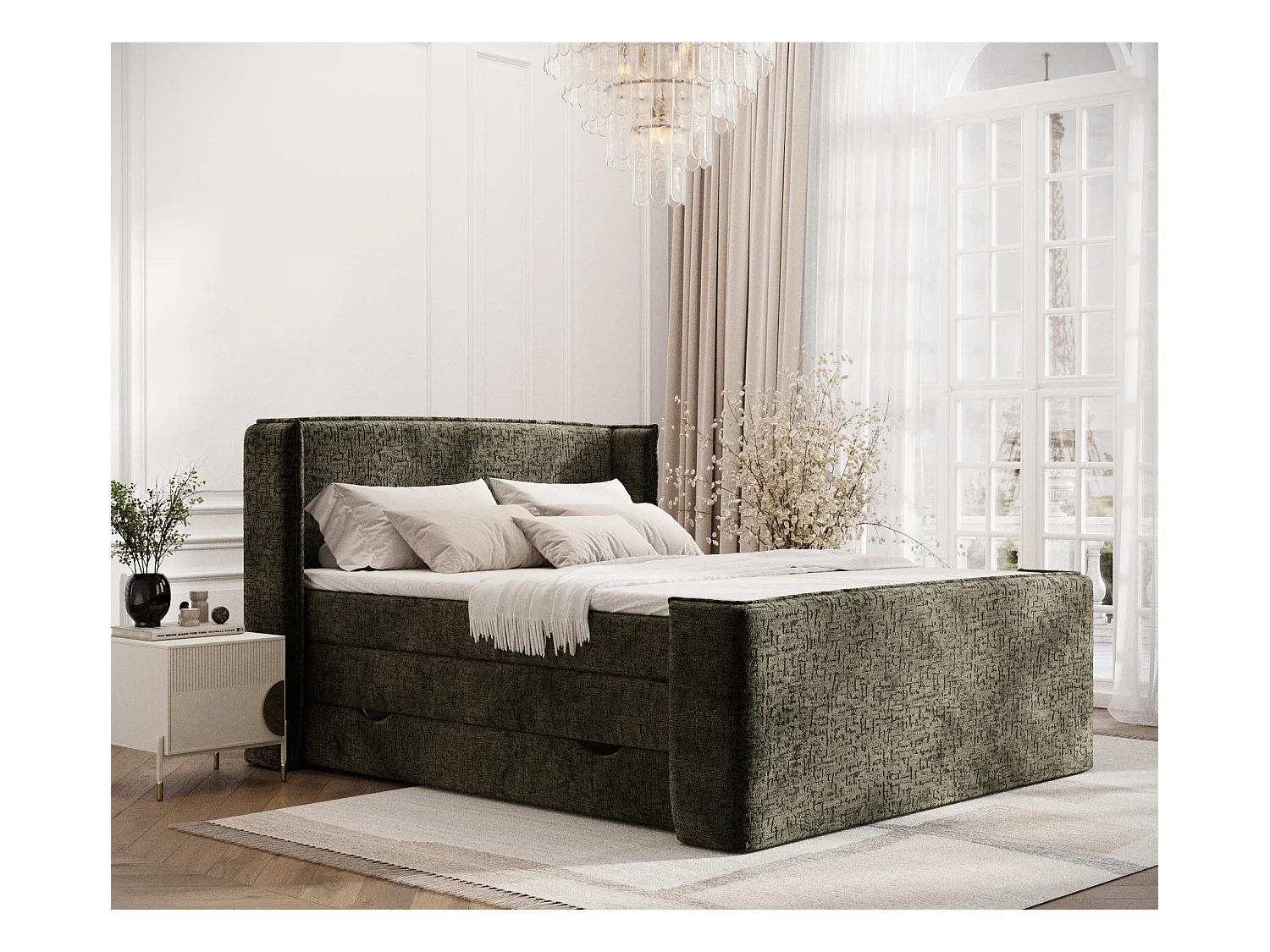 Lit boxspring en tissu chenille Freeland - matelas - surmatelas - 160x200 cm - vert olive