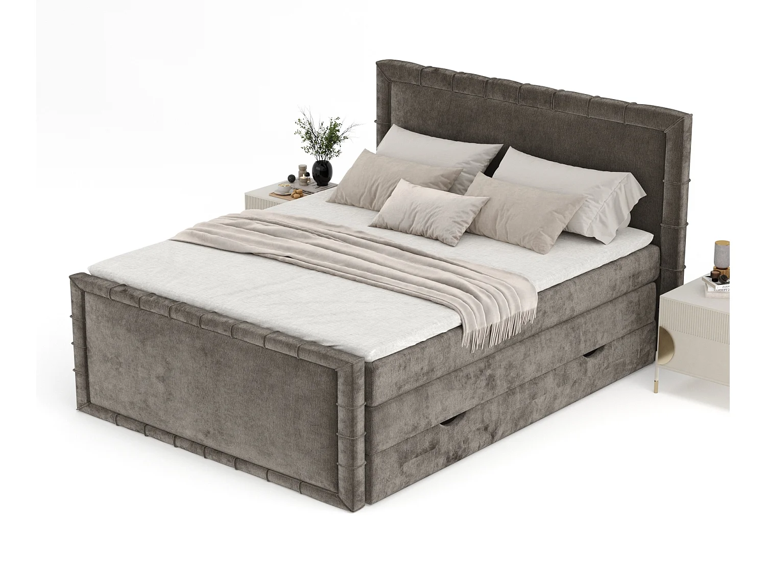 Boxspringbett im Chenille-Stoff Estelle - Matratze - Topper - 180x200 cm - braun