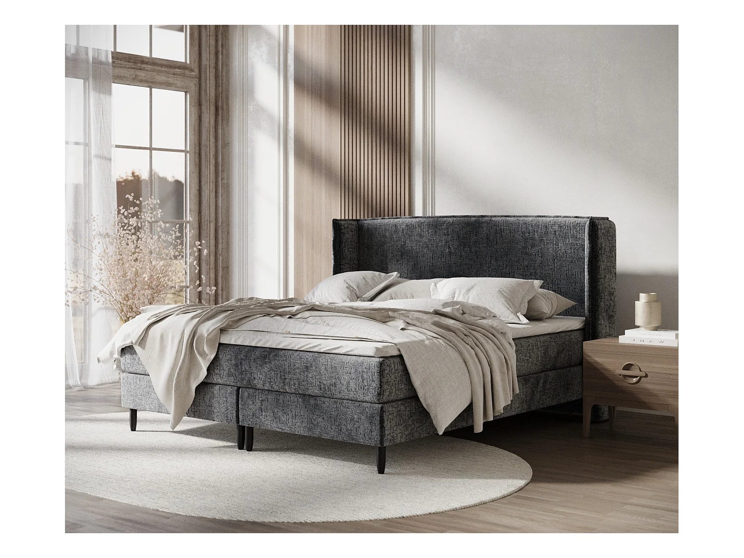 Lit boxspring en tissu chenille Ardis - matelas - surmatelas - 200x200 cm - anthracite