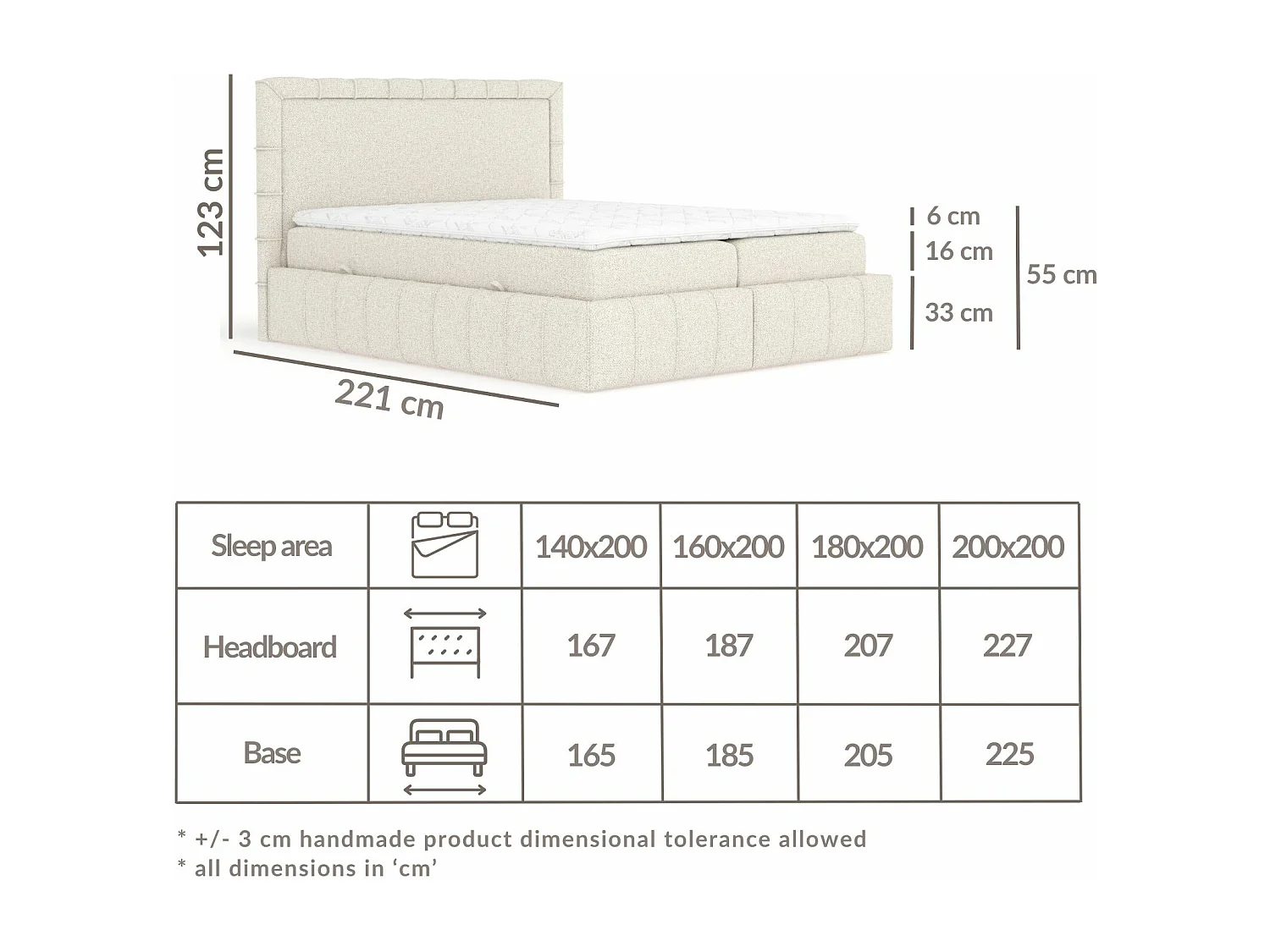 Boxspringbett aus Boucle-Stoff Sundown - Matratze - Toppermatratze - 140x200 cm - creme