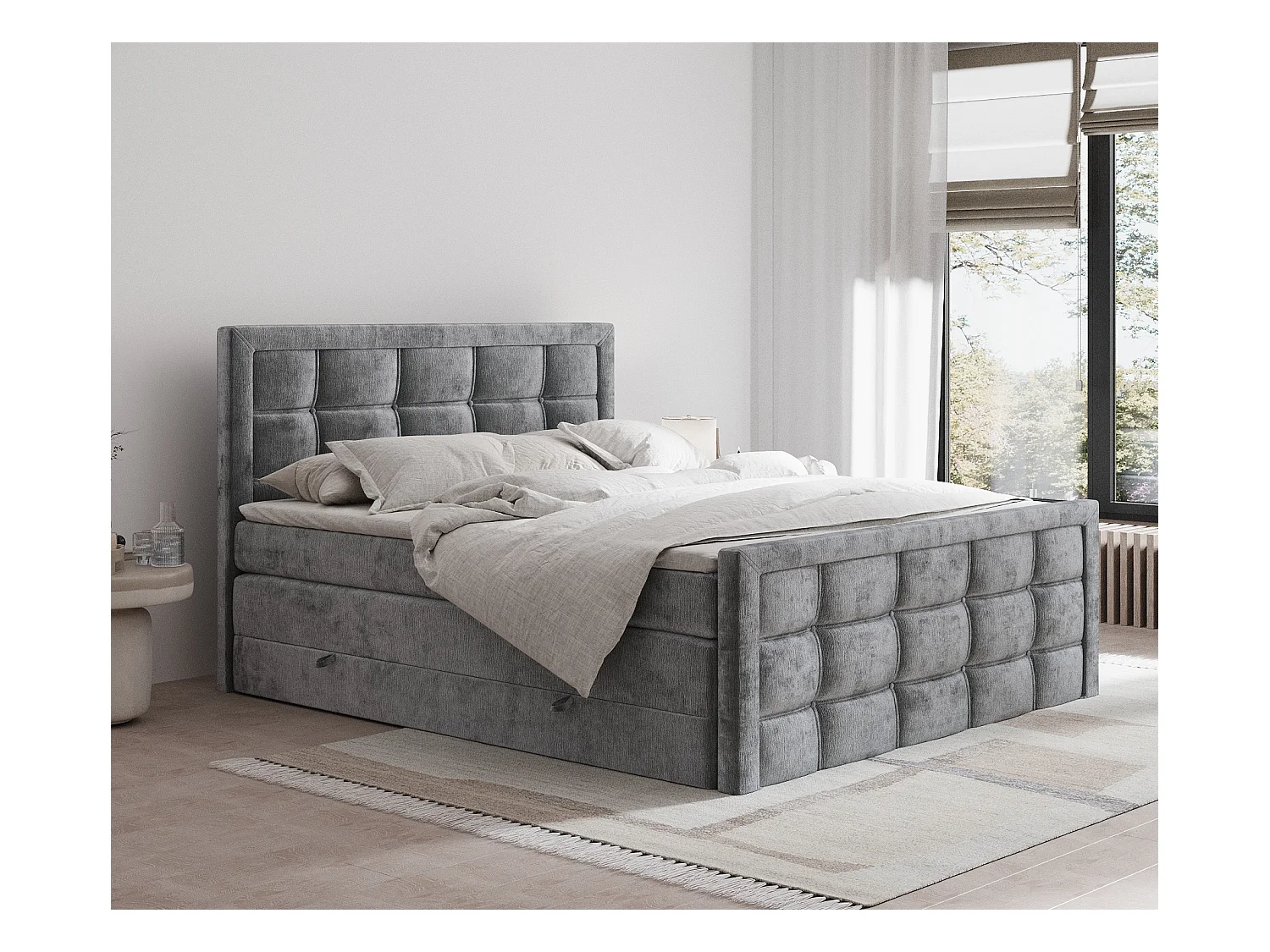 Lit boxspring en tissu chenille Ambrosia - matelas - surmatelas - 200x200 cm - gris