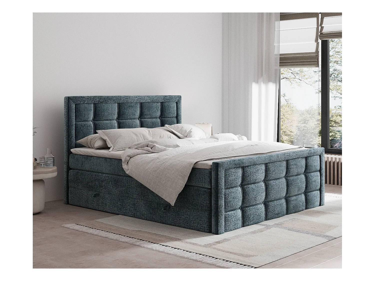 Lit boxspring en tissu chenille Ambrosia - matelas - surmatelas - 140x200 cm - bleu