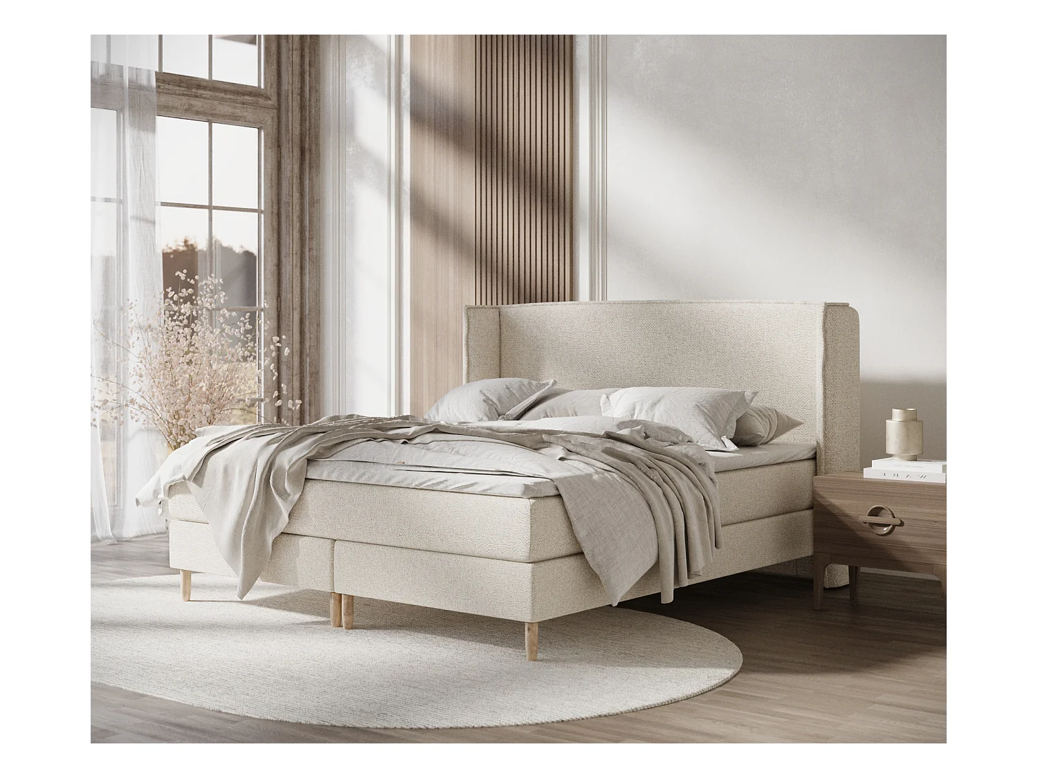 Lit boxspring en tissu bouclette Ardis - matelas - surmatelas - 160x200 cm - creme