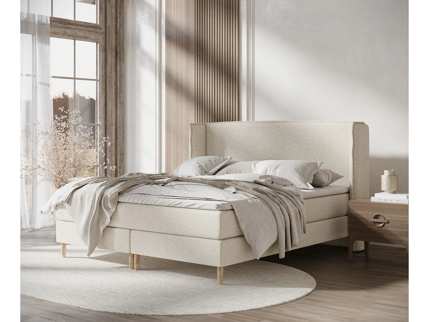 Lit boxspring en tissu bouclette Ardis - matelas - surmatelas - 160x200 cm - creme