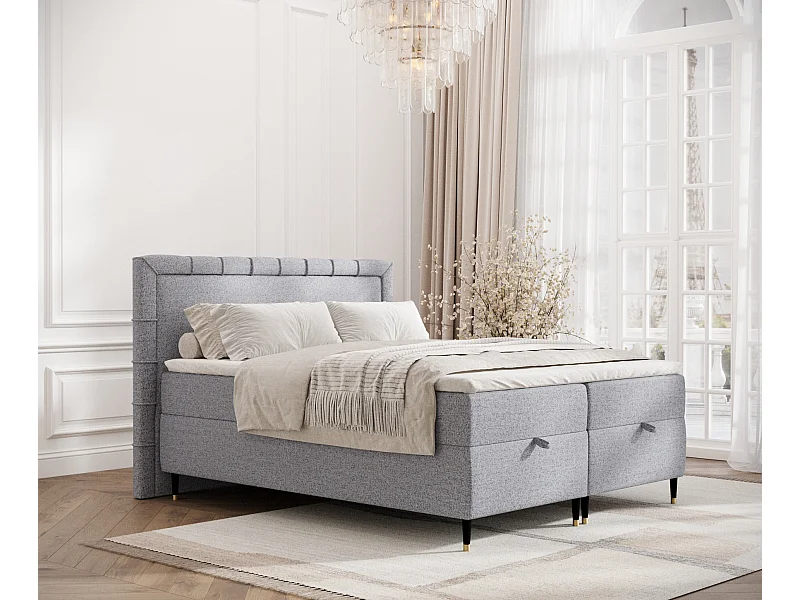 Łóżko boxspring w tkaninie plecionej Voyage - materac - topper - 200x200 cm - szary