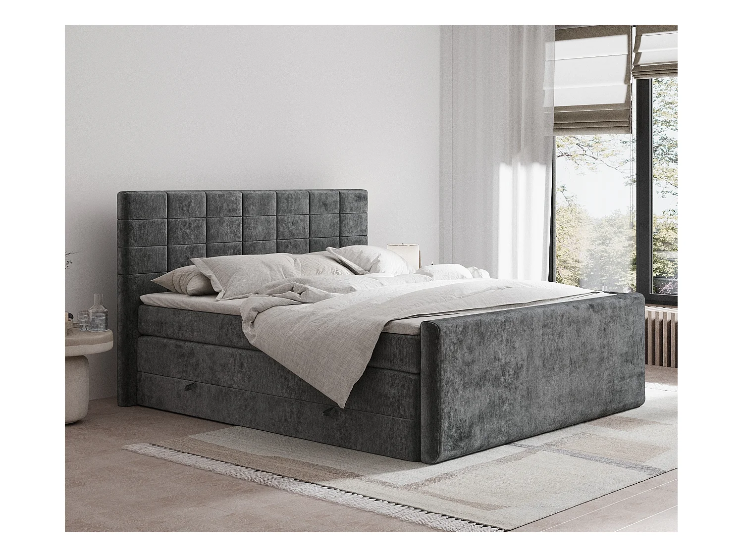 Lit boxspring en tissu chenille Ava - matelas - surmatelas - 200x200 cm - gris foncé