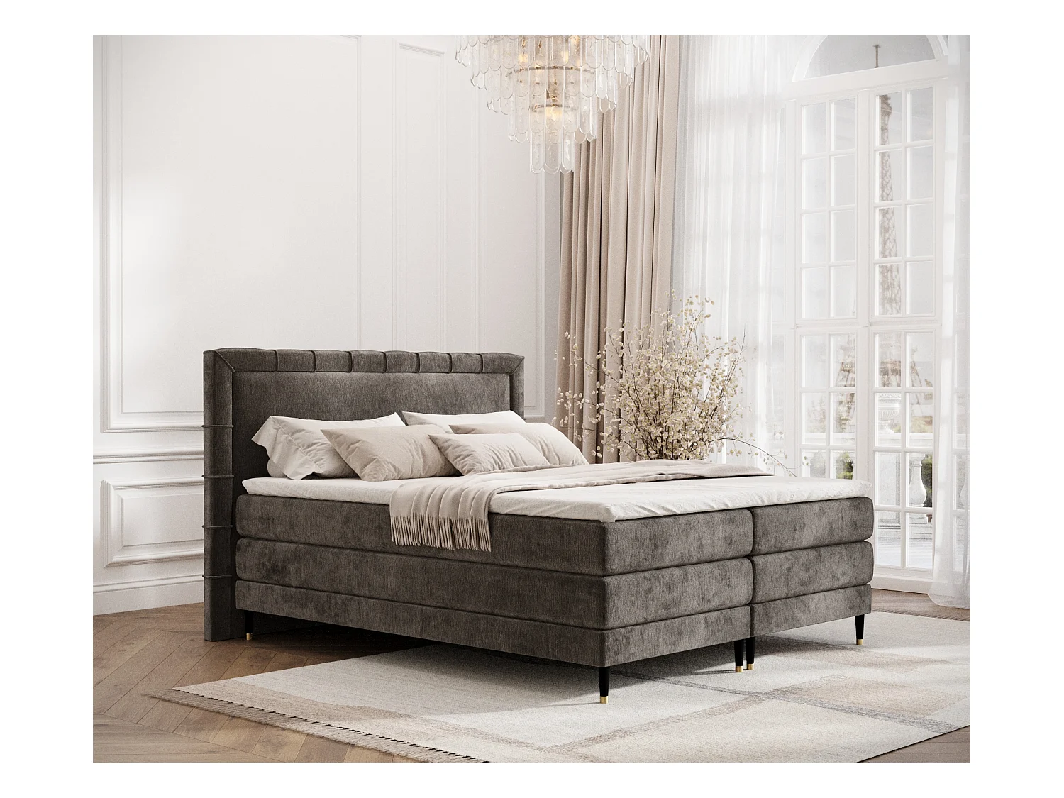 Lit boxspring en tissu chenille Rimini - matelas - surmatelas - 200x200 cm - brun