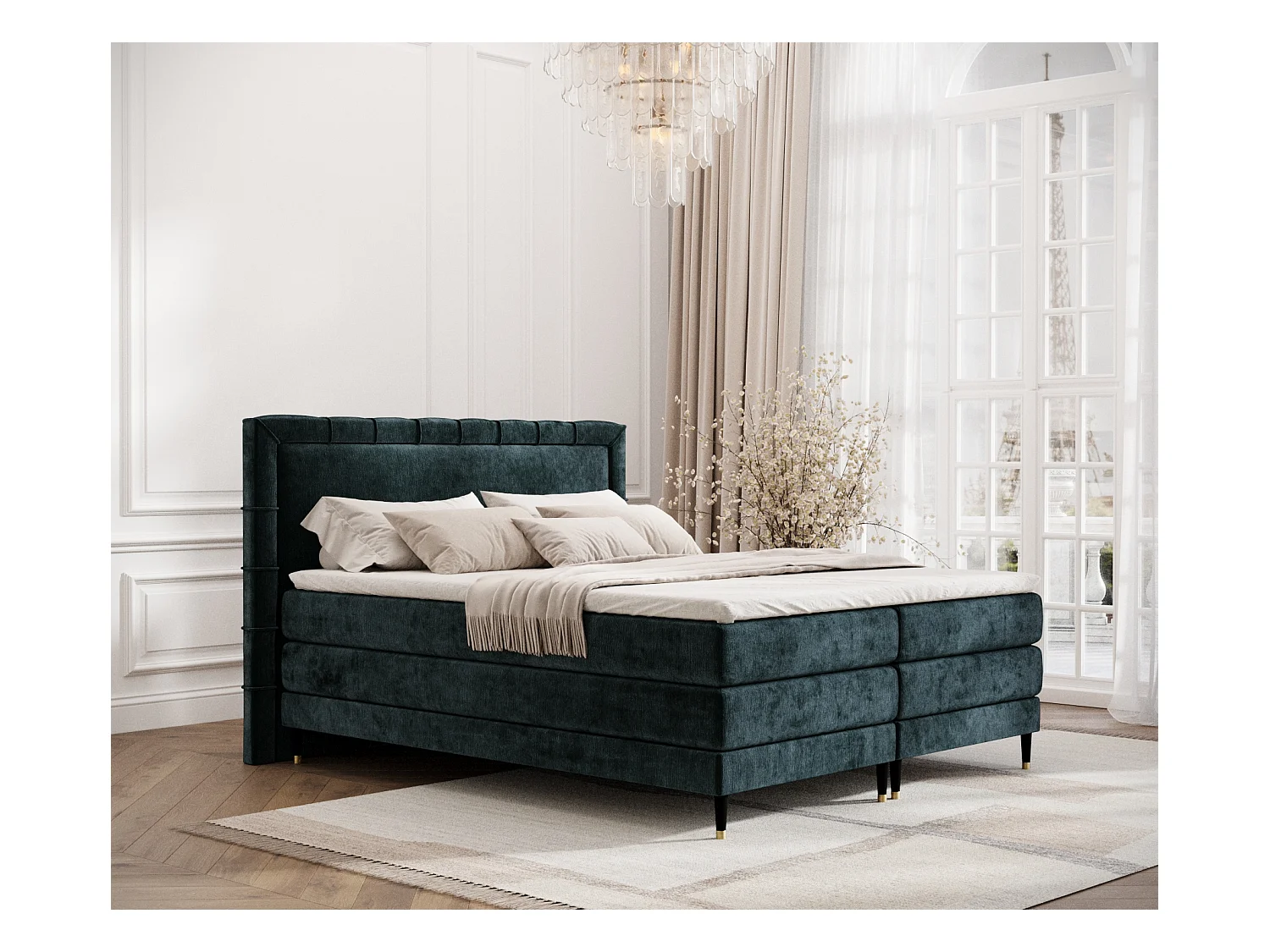 Lit boxspring en tissu chenille Rimini - matelas - surmatelas - 200x200 cm - couleur sarcelle