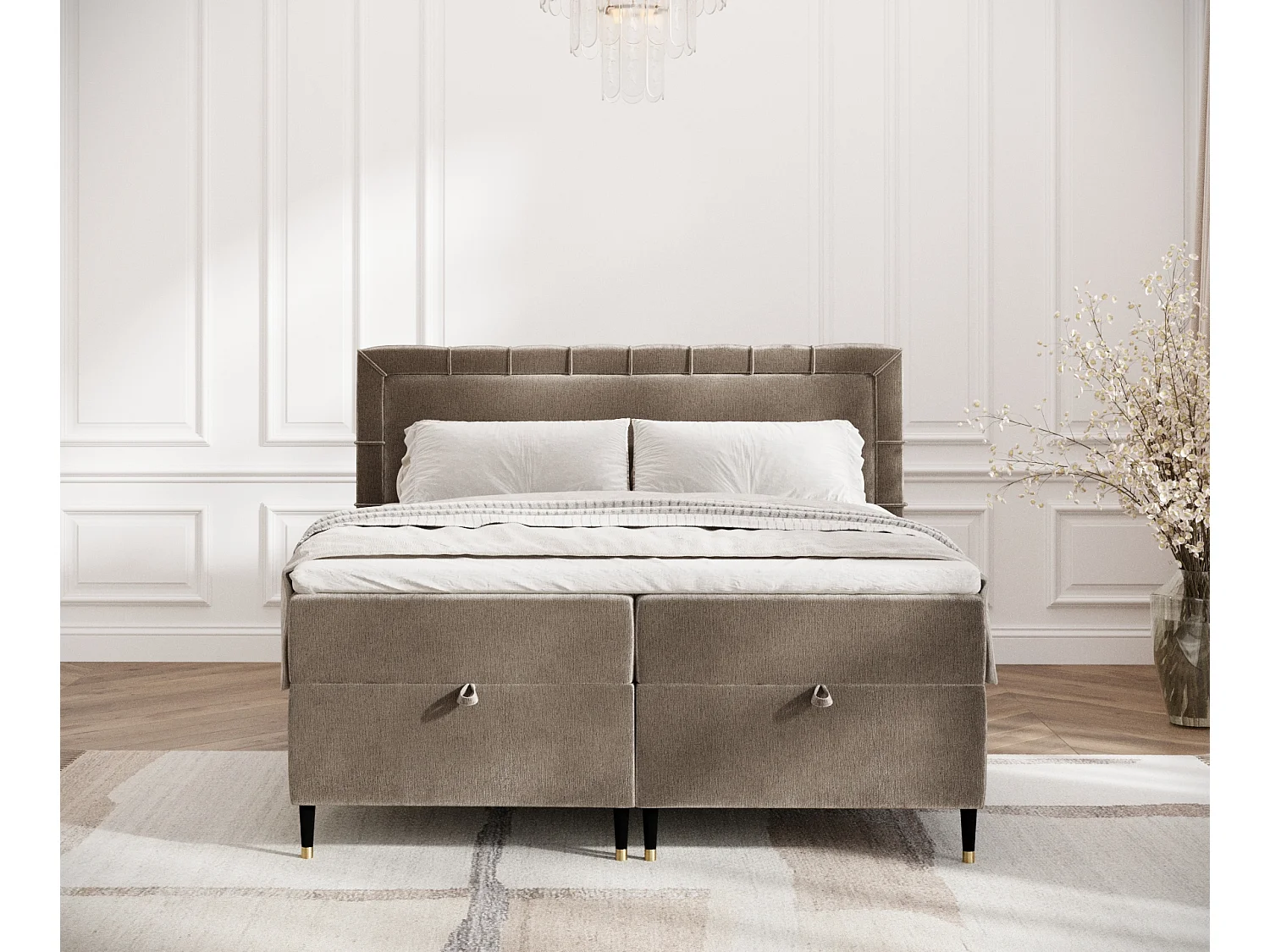 Lit boxspring en tissu chenille Voyage - matelas - surmatelas - 140x200 cm - beige