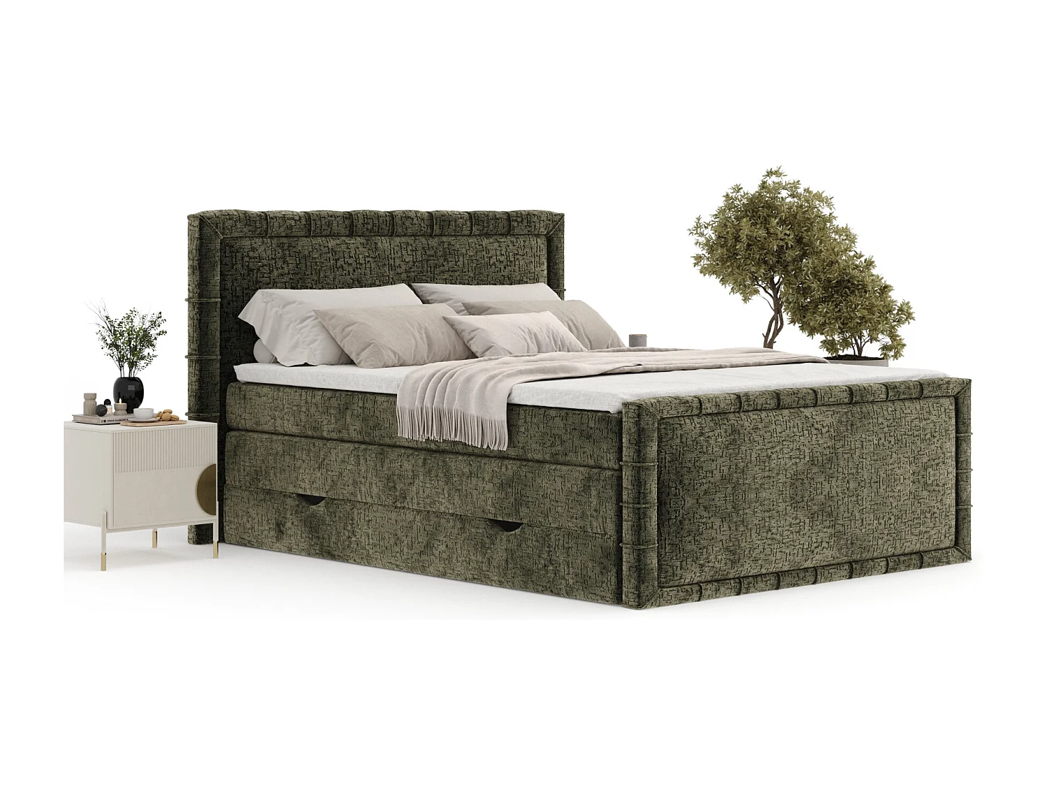 Boxspringbett im Chenille-Stoff Estelle - Matratze - Topper - 140x200 cm - olivenfarben