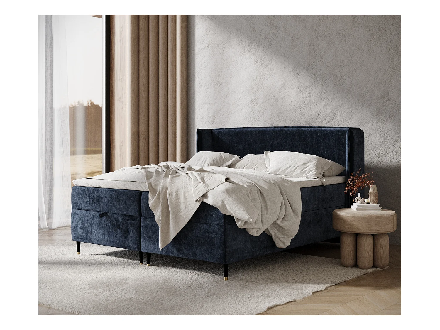 Lit boxspring en tissu chenille Monpelli - matelas - surmatelas - 160x200 cm - bleu marine