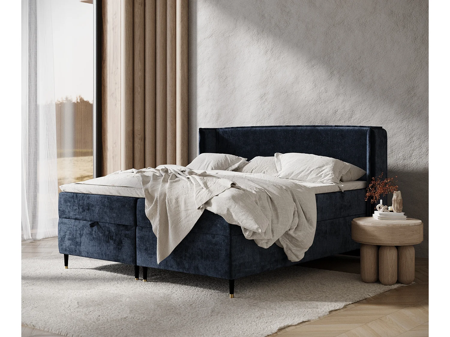 Lit boxspring en tissu chenille Monpelli - matelas - surmatelas - 160x200 cm - bleu marine