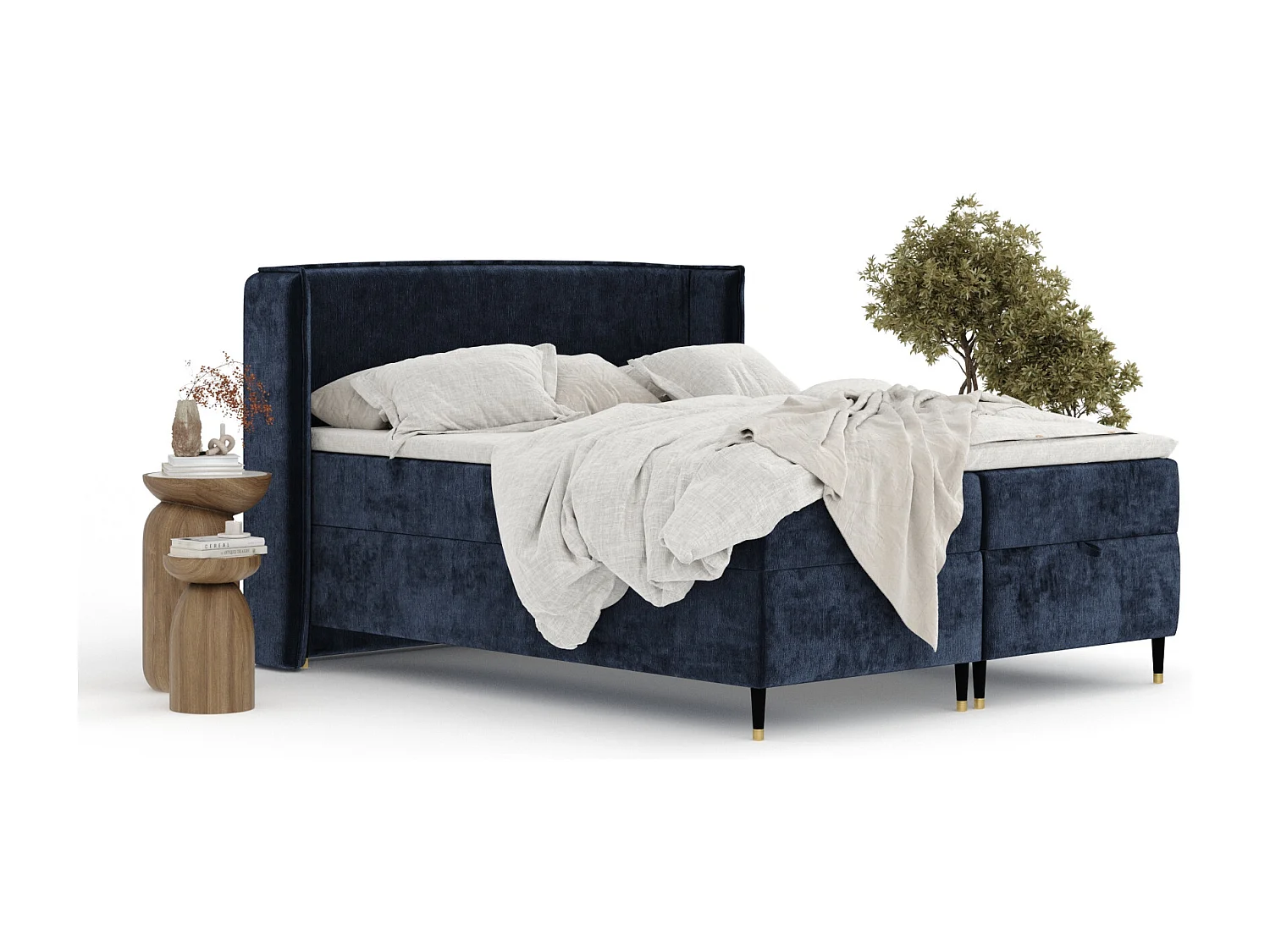 Lit boxspring en tissu chenille Monpelli - matelas - surmatelas - 160x200 cm - bleu marine