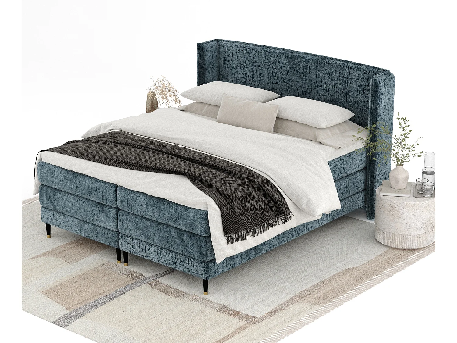 Lit boxspring en tissu chenille Carizzo - matelas - surmatelas - 140x200 cm - bleu