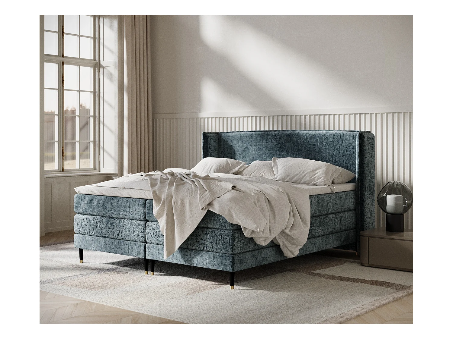 Lit boxspring en tissu chenille Carizzo - matelas - surmatelas - 140x200 cm - bleu