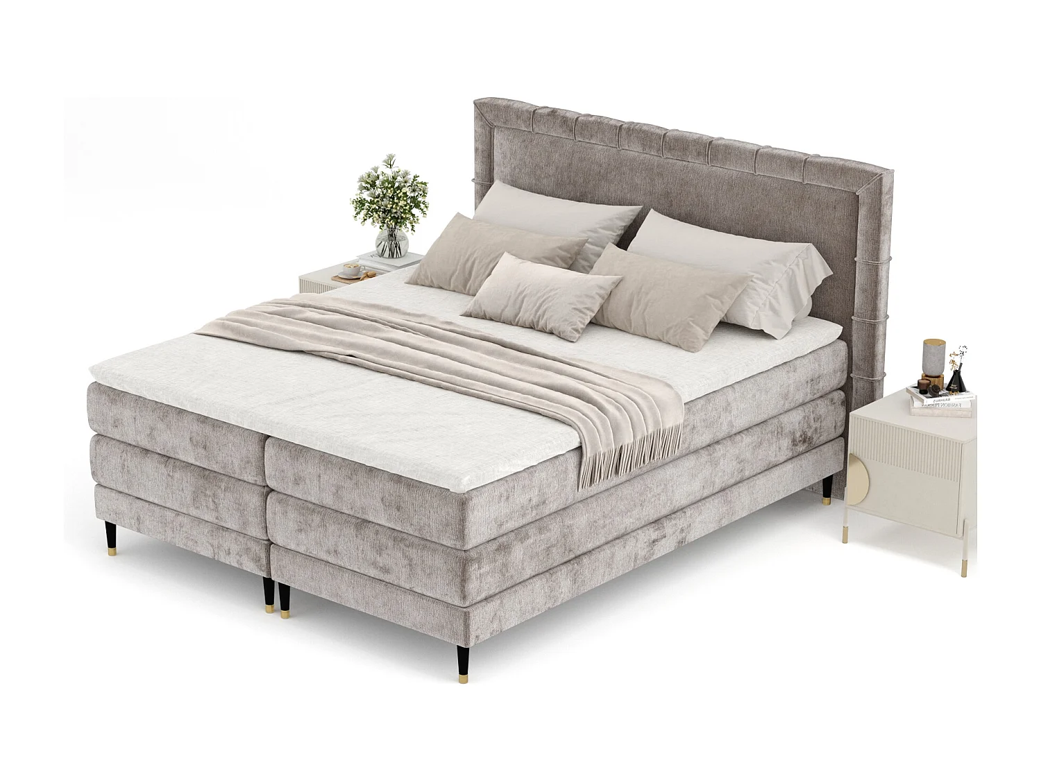 Boxspringbett aus Chenille-Stoff Rimini - Matratze - Toppermatratze - 140x200 cm - beige