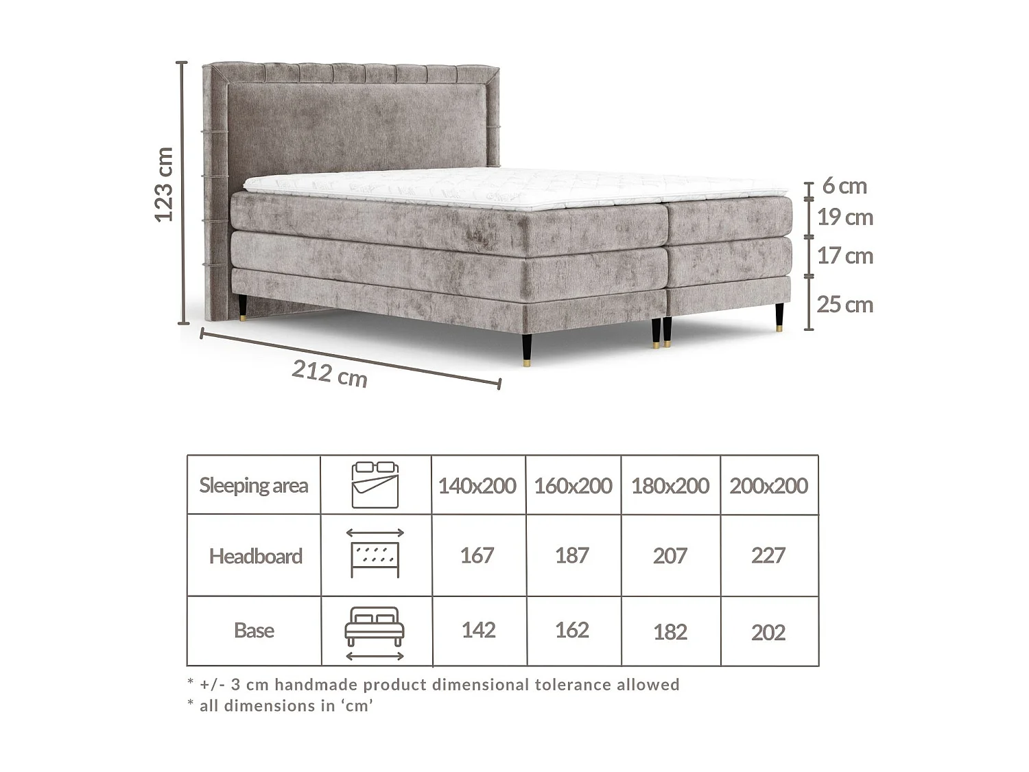 Boxspringbett aus Chenille-Stoff Rimini - Matratze - Toppermatratze - 140x200 cm - beige