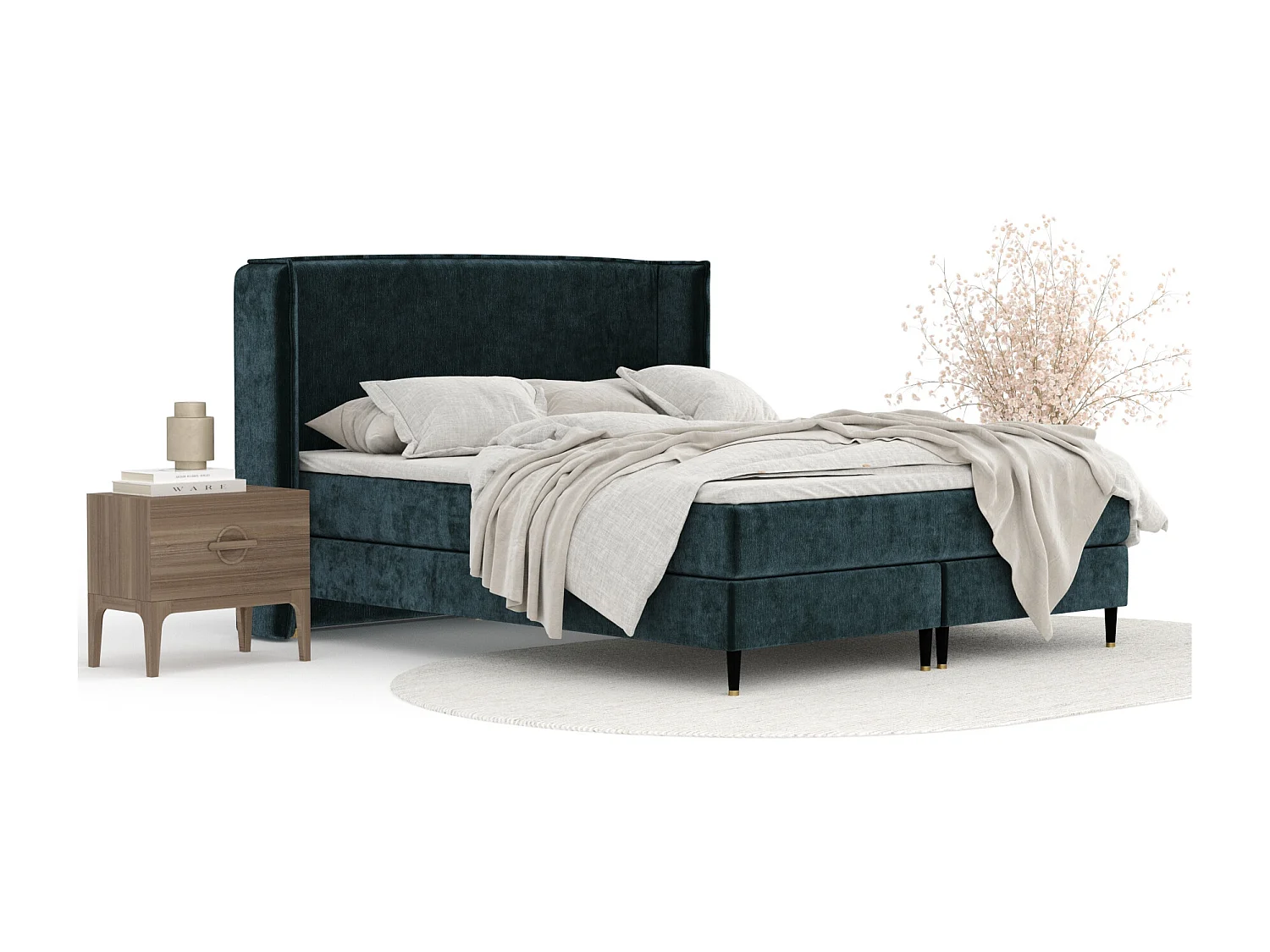 Boxspringbett aus Chenille-Stoff Ardis - Matratze - Toppermatratze - 200x200 cm - blaugrüne