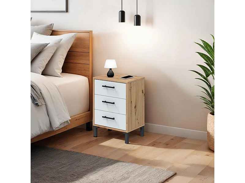 Mesita de noche Leia Blanco Artik (Blanco Mate) - Roble Nodi