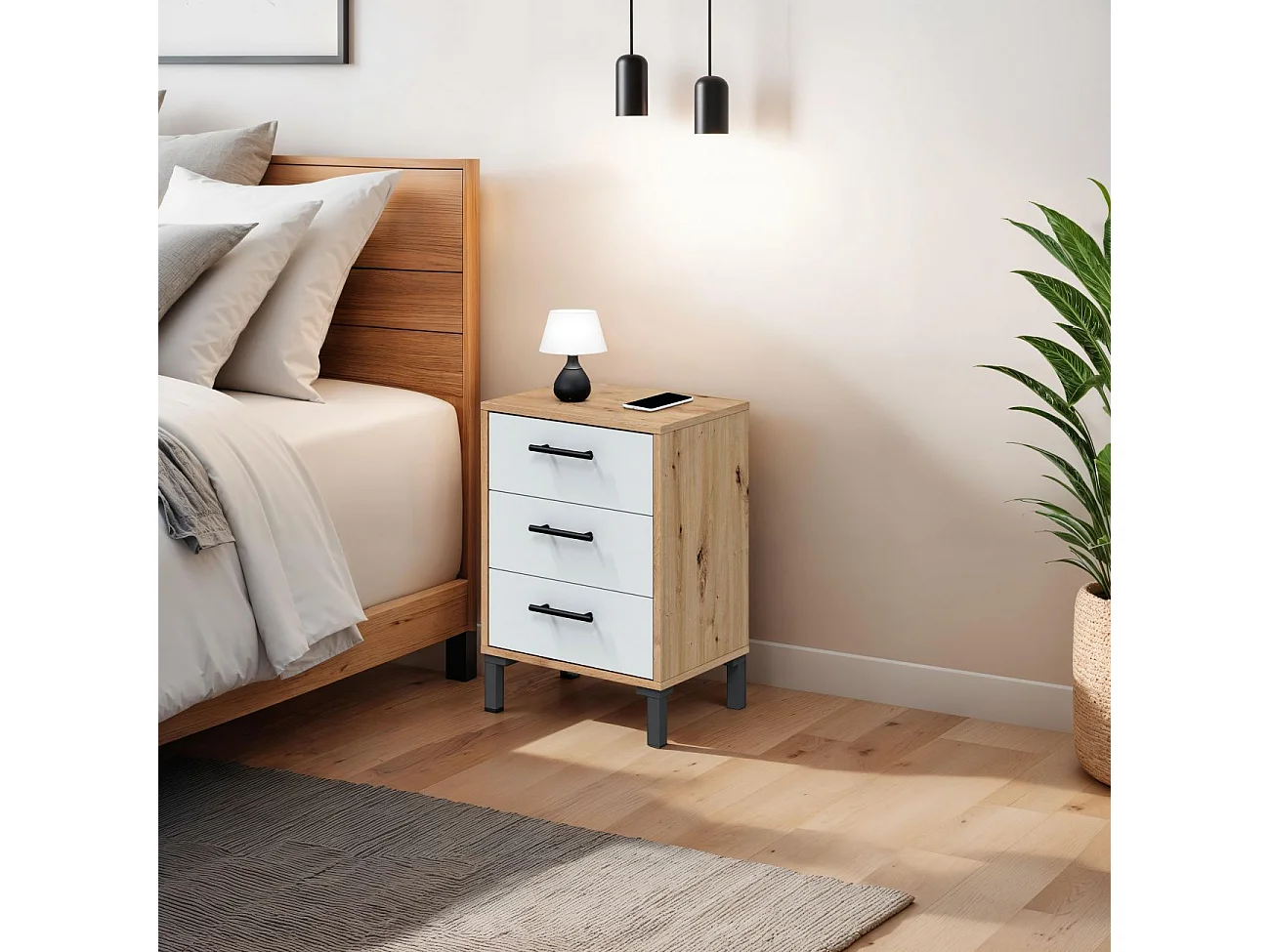 Mesita de noche Leia Blanco Artik (Blanco Mate) - Roble Nodi