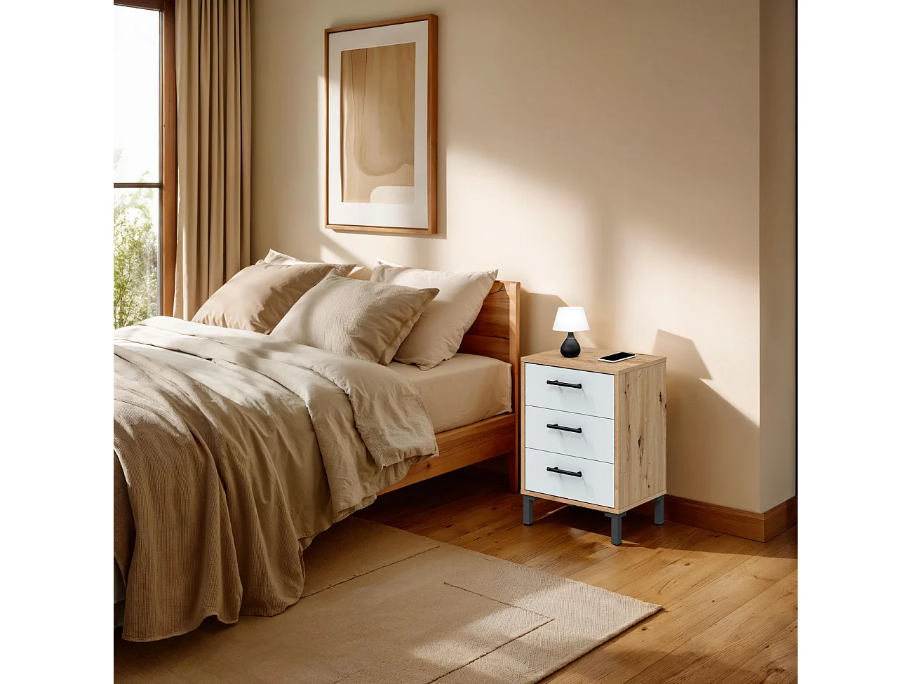 Mesita de noche Leia Blanco Artik (Blanco Mate) - Roble Nodi