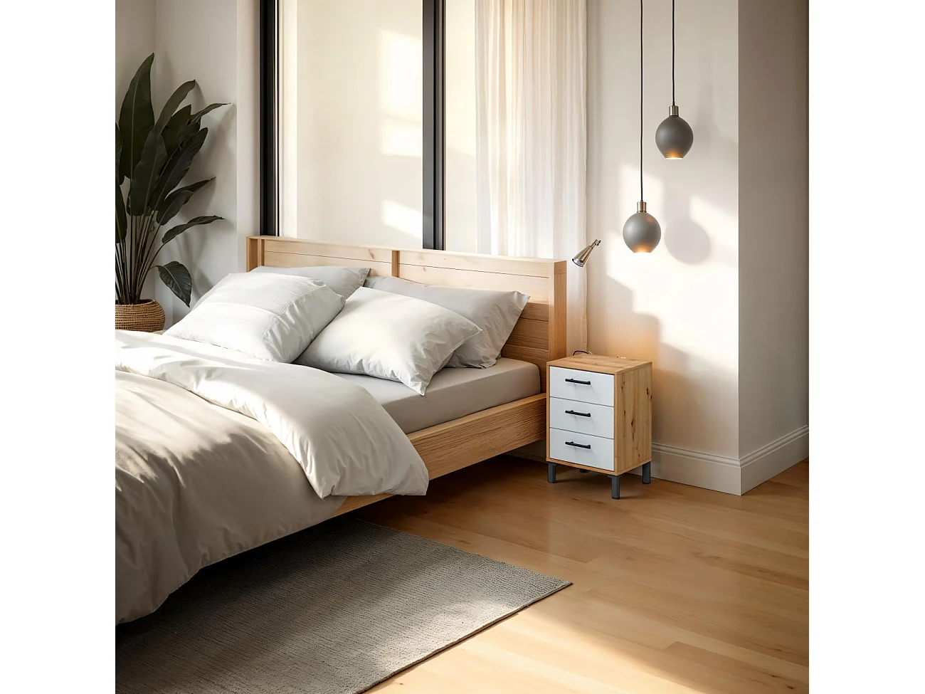 Mesita de noche Leia Blanco Artik (Blanco Mate) - Roble Nodi