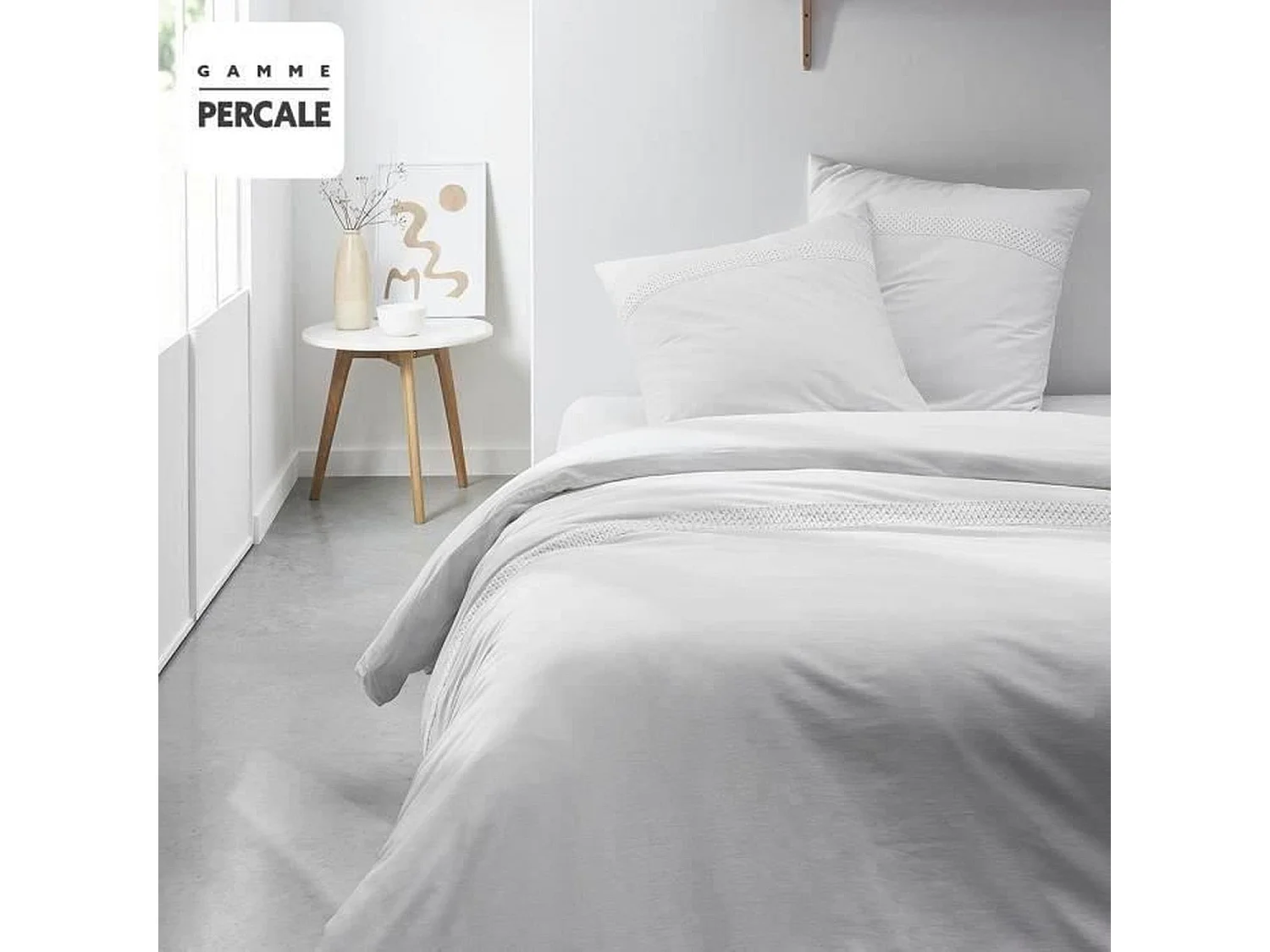 Parure de lit - 220 x 240 cm - 100% Percale finition macramé - Craie