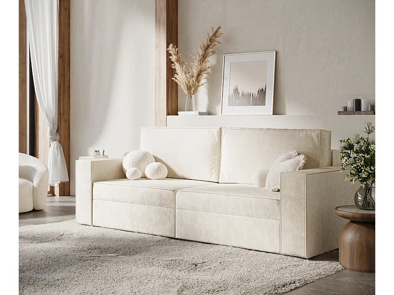 Sofa rozkładana Leo - welwet - trzyosobowa - kość słoniowa