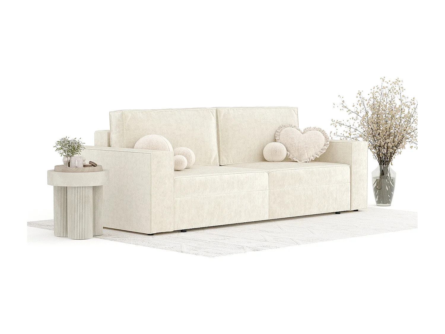 Canapé convertible Leo - velours - 3 places - ivoire