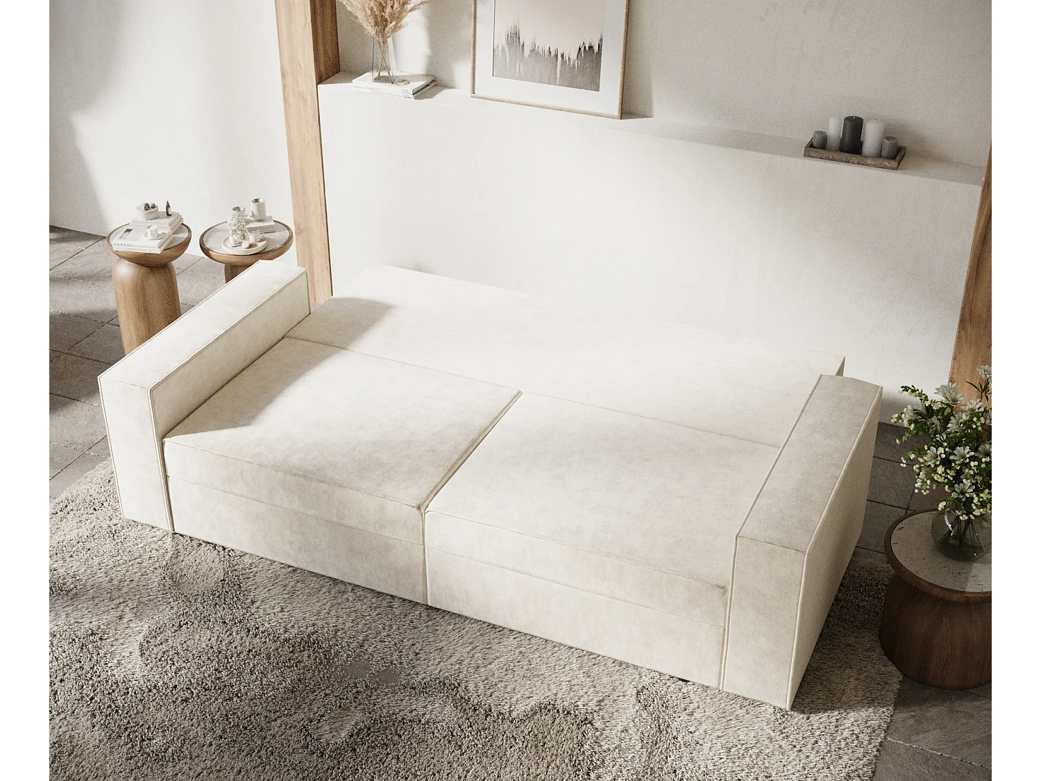 Canapé convertible Leo - velours - 3 places - ivoire