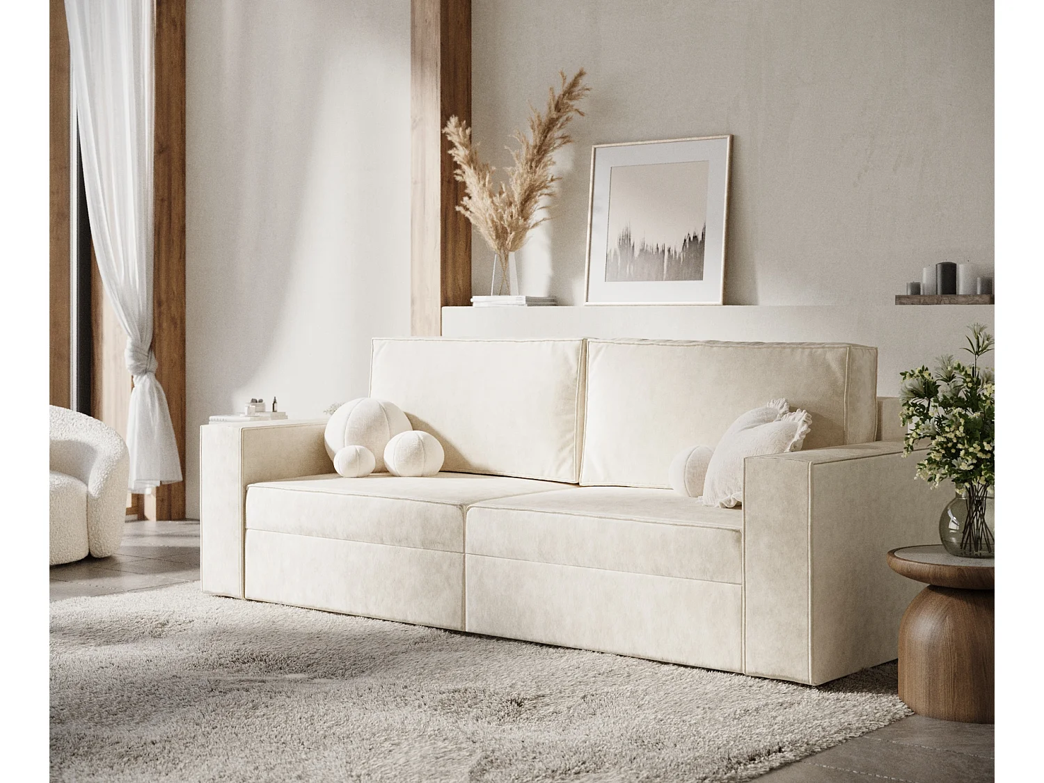 Canapé convertible Leo - velours - 3 places - ivoire