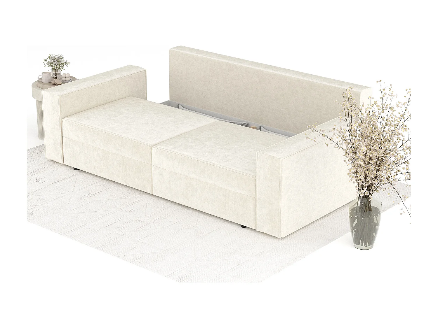 Canapé convertible Leo - velours - 3 places - ivoire