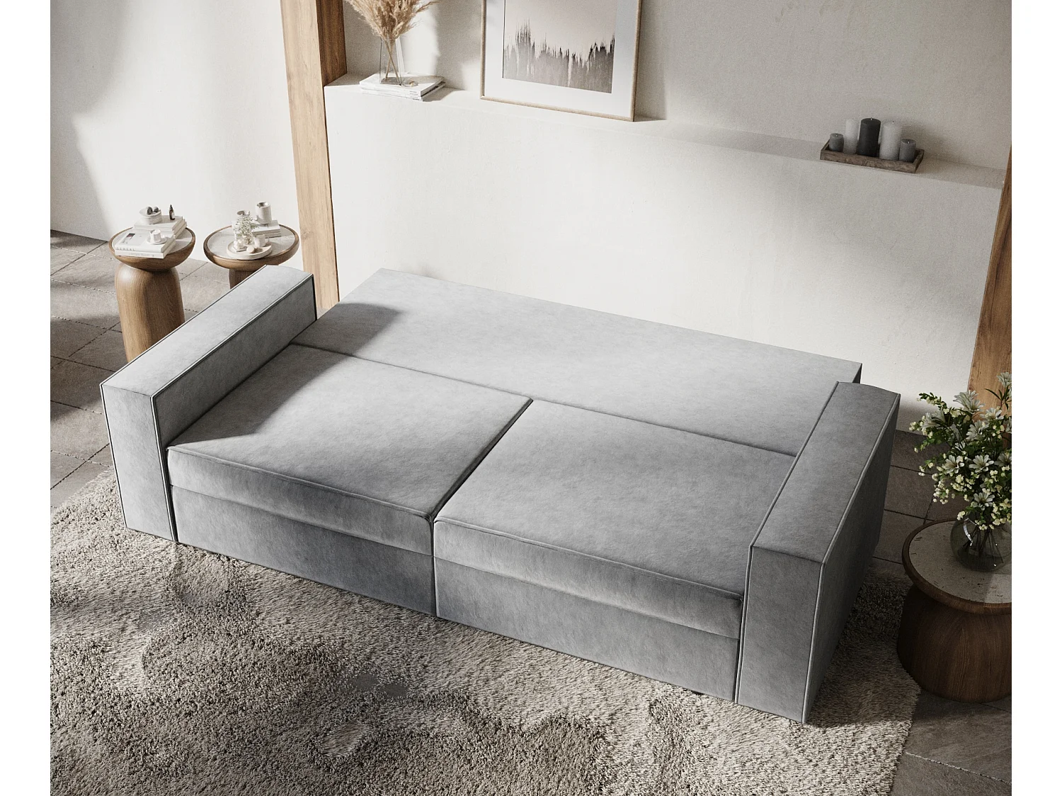Canapé convertible Leo - velours - 3 places - gris