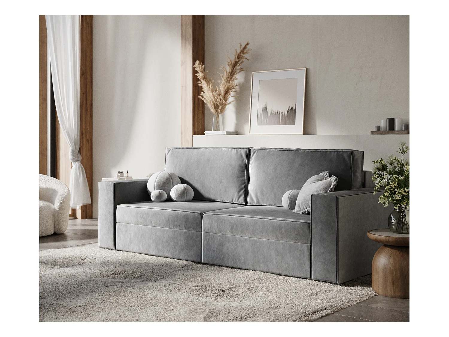 Canapé convertible Leo - velours - 3 places - gris