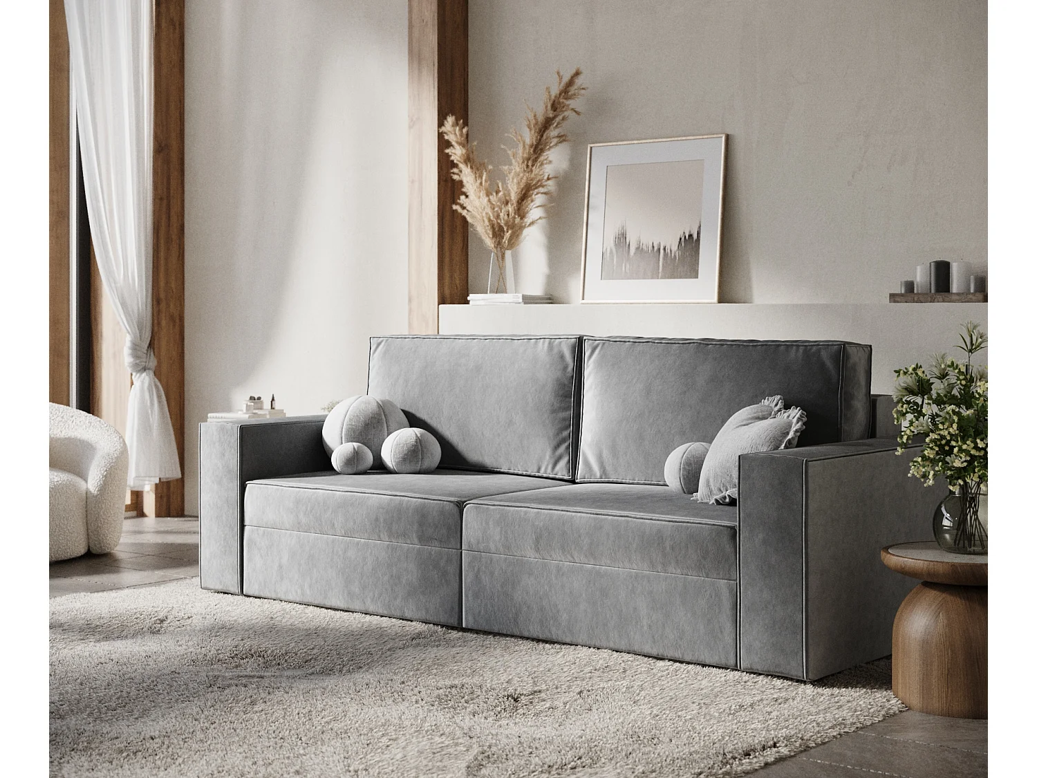 Canapé convertible Leo - velours - 3 places - gris