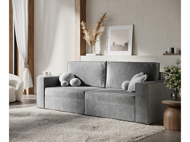 Canapé convertible Leo - velours - 3 places - gris