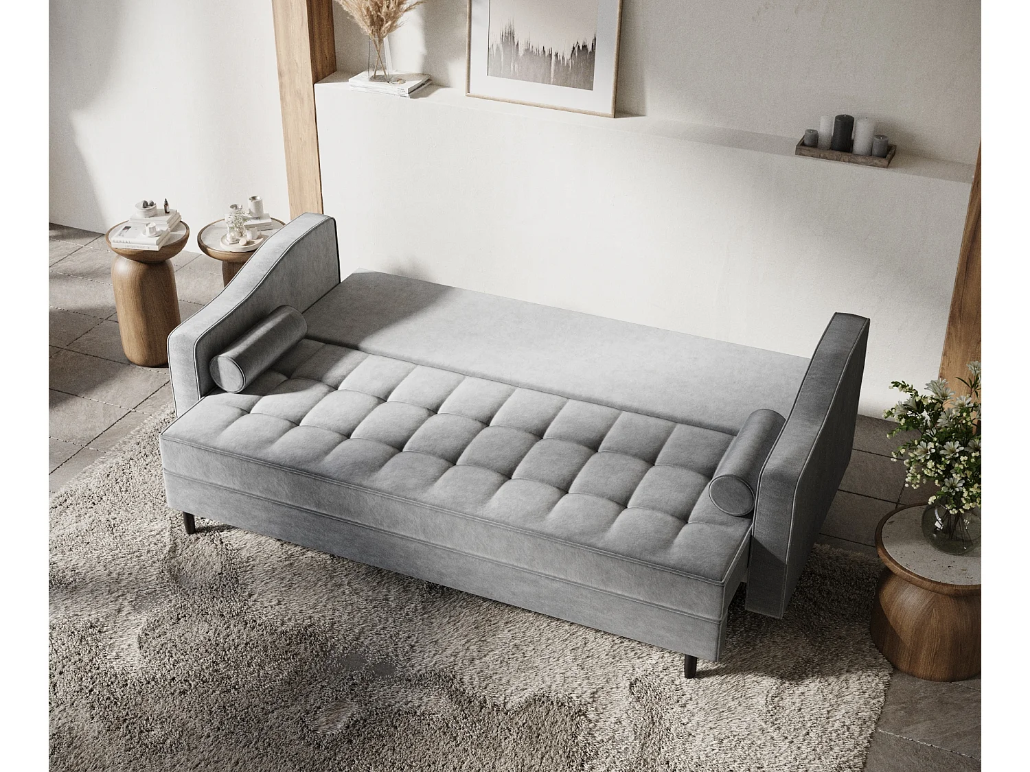Canapé convertible Zyia - velours - 3 places - gris