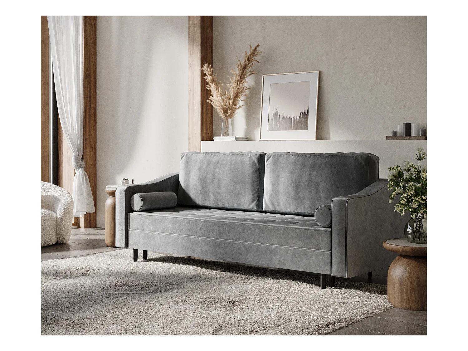 Sofa mit Schlaffunktion Zyia - Samtstoff - Drei-Personen - grau
