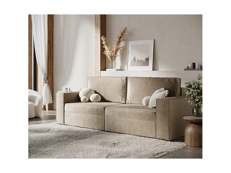 Sofa rozkładana Leo - welwet - trzyosobowa - beżowy