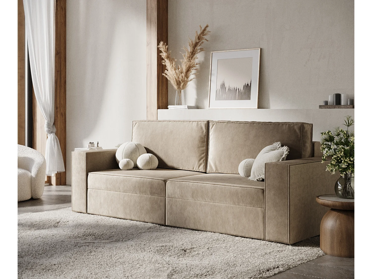 Canapé convertible Leo - velours - 3 places - beige