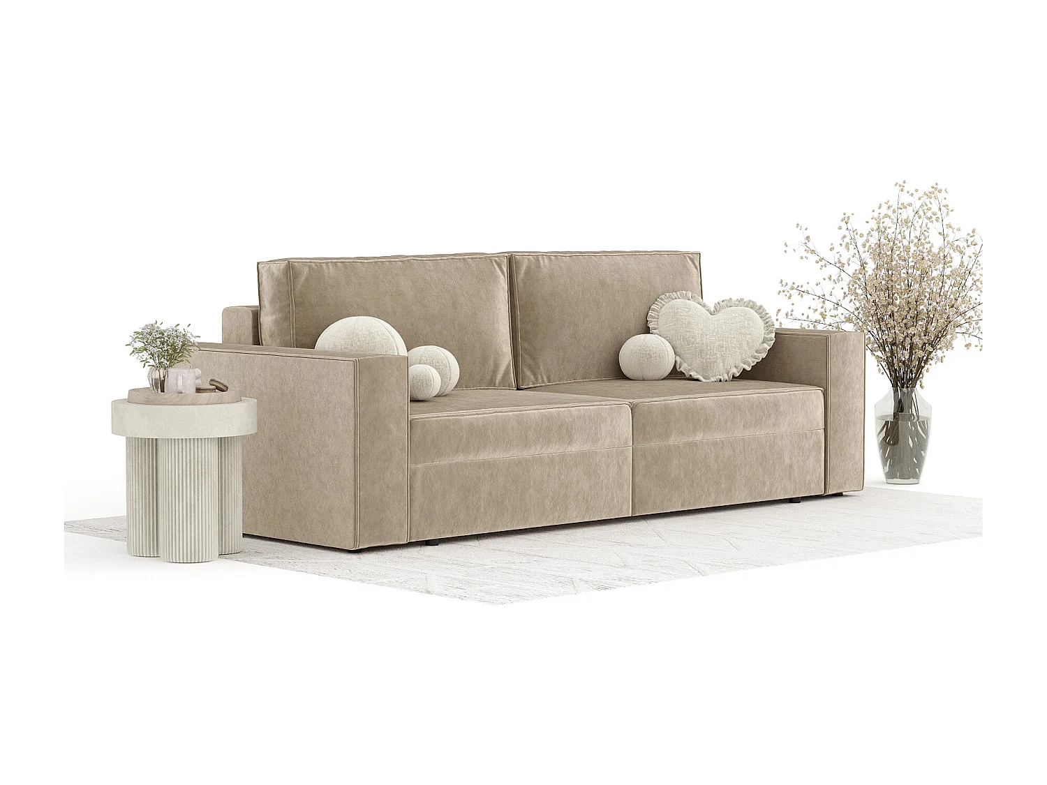 Canapé convertible Leo - velours - 3 places - beige