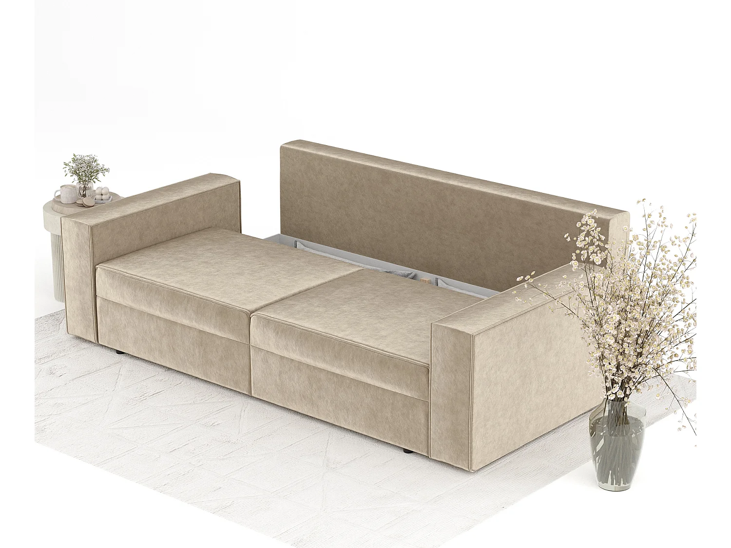 Canapé convertible Leo - velours - 3 places - beige