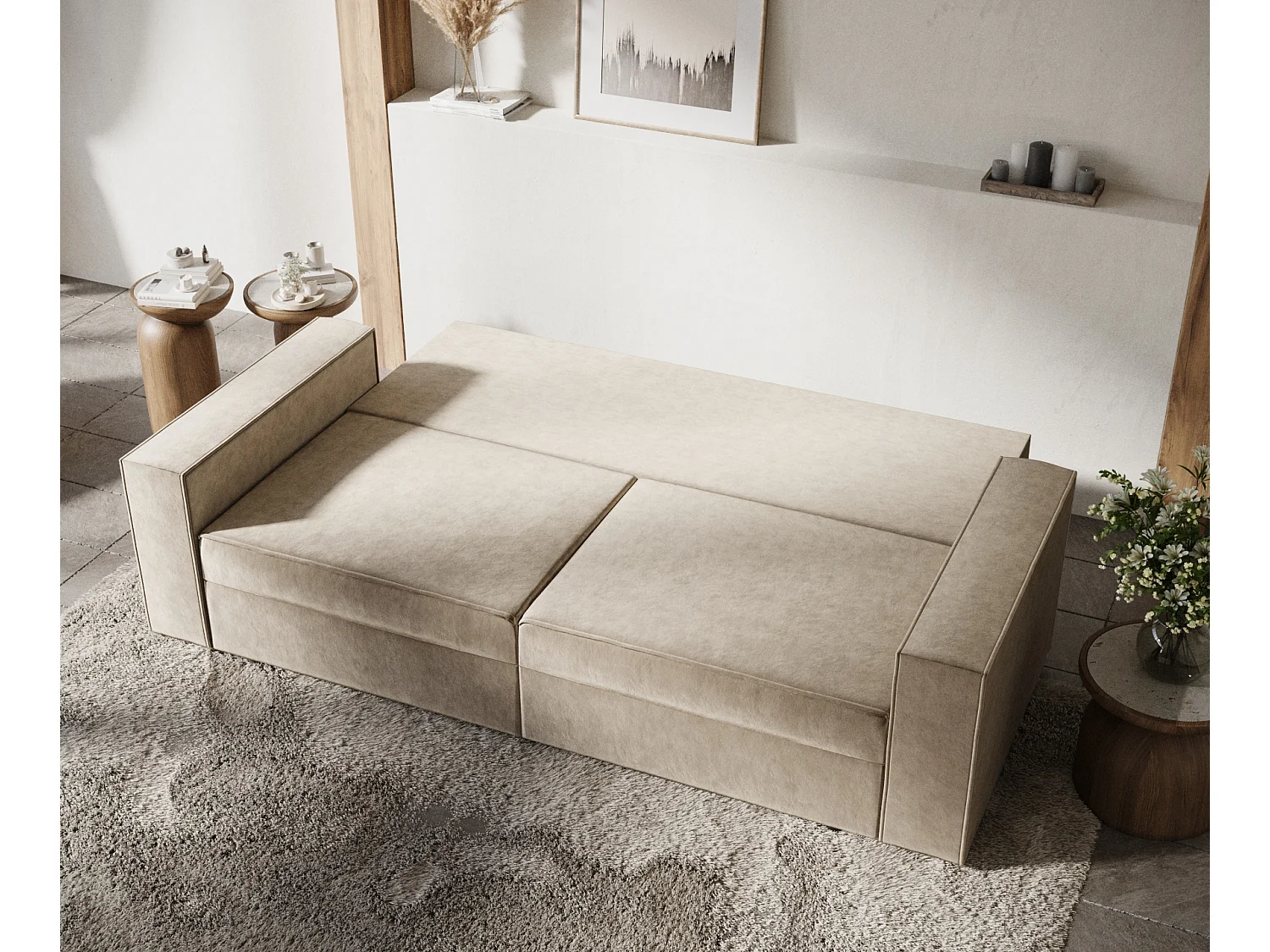 Canapé convertible Leo - velours - 3 places - beige