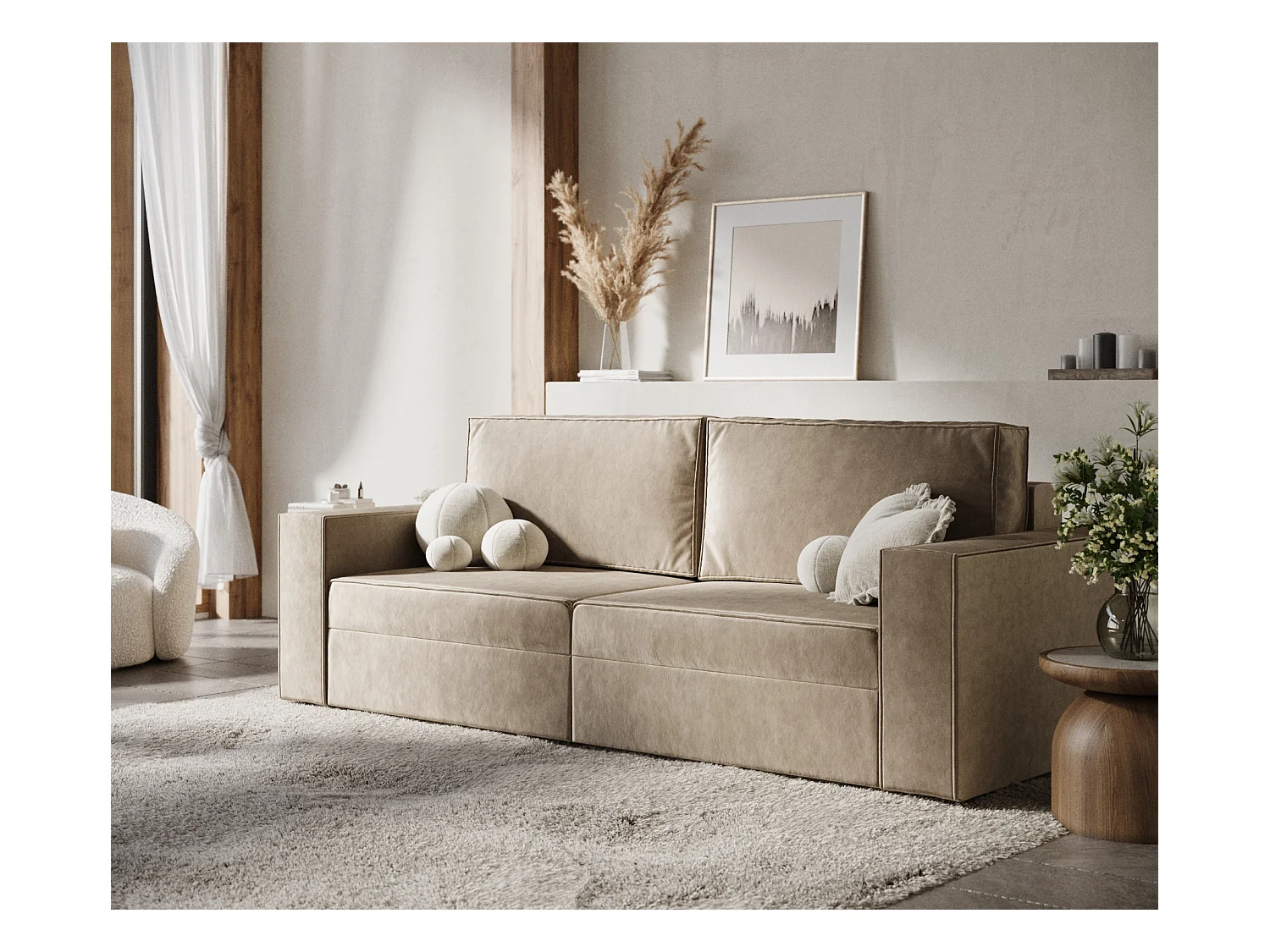 Canapé convertible Leo - velours - 3 places - beige