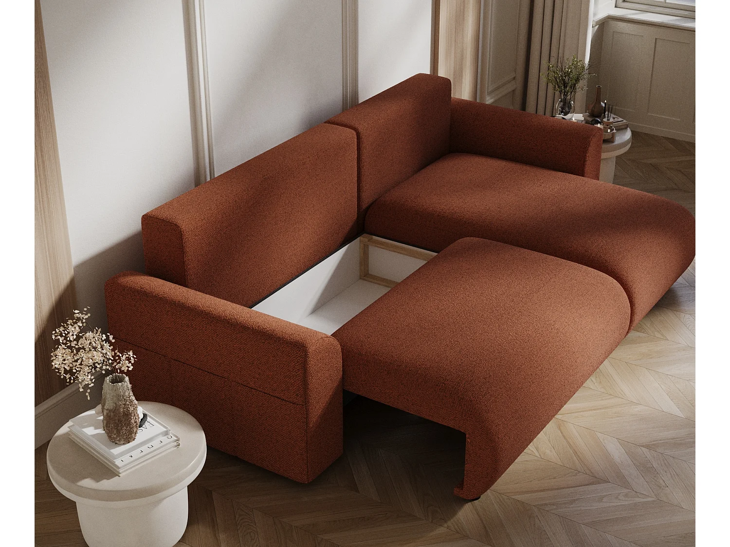 Canapé d'angle convertible Bodega - toile tissée - 4 places - couleur cuivre