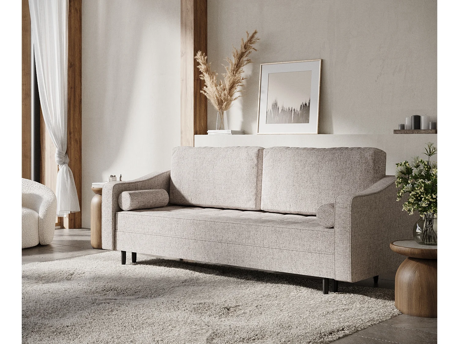 Canapé convertible Zyia - toile tissée - 3 places - brun clair