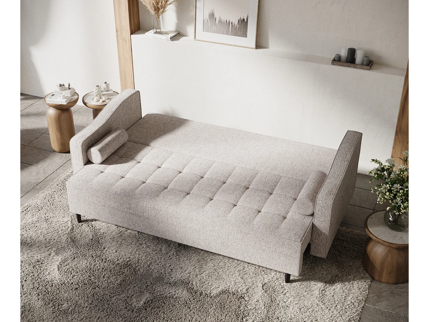 Canapé convertible Zyia - toile tissée - 3 places - brun clair