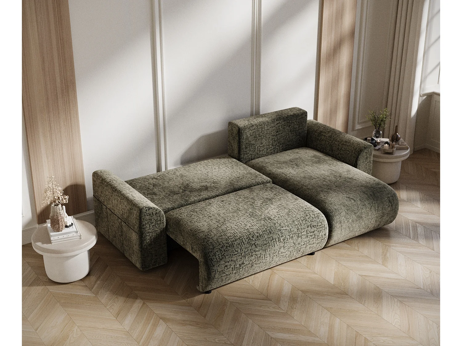 Canapé d'angle convertible Bodega - chenille - 4 places - vert olive